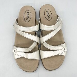 Taos Shoes Womens 9 Double U Sandals White Leather Strappy Comfort Flat Slide
